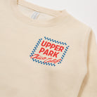 Beige sweatshirt with 'Upper Park Chico Calif' text on a white background - Upper Park Clothing Toddler Crewneck SweatshirtSweatshirt