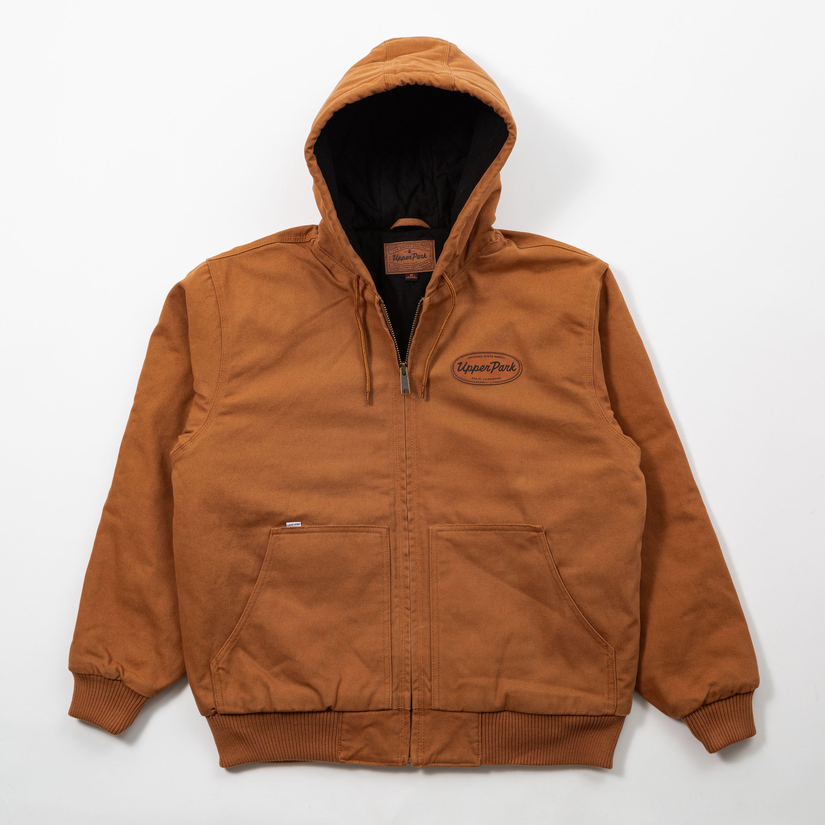 Brown hooded jacket with a brand logo on a white background - Cultivators Upper Park Duck Canvas Jacket