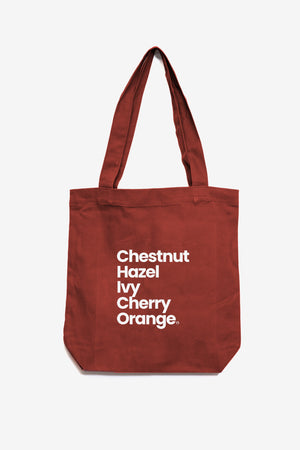 cardinal colored tote bag with a updated graphic that spells Chico from Upper Park Clothing 