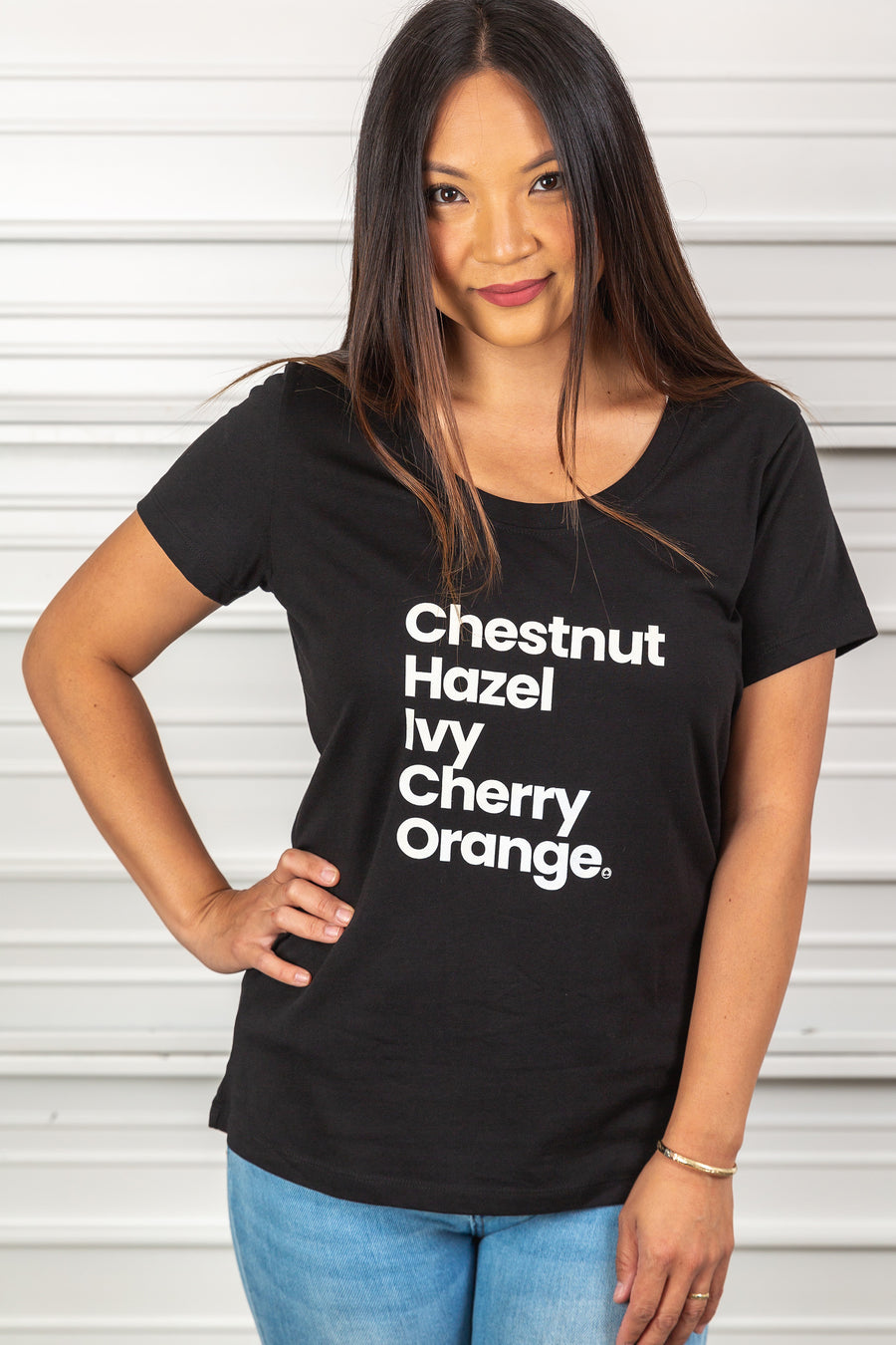 women standing in front of a garage door in Downtown Chico wearing a Downtown Chico Streets Scoop Neck Tee in the color black