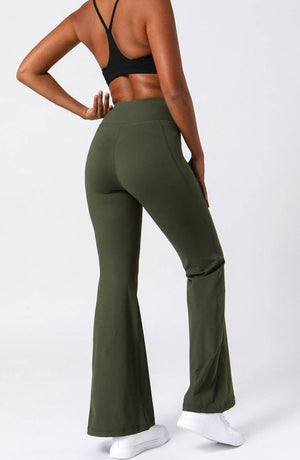 Active by Anna-Kaci - High Waist Flare Pants with Stitching: Army Green / XL 10-12