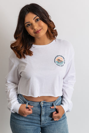 women standing in a photography studio wearing a Freshwater Floating Club crop tee from Upper Park Clothing