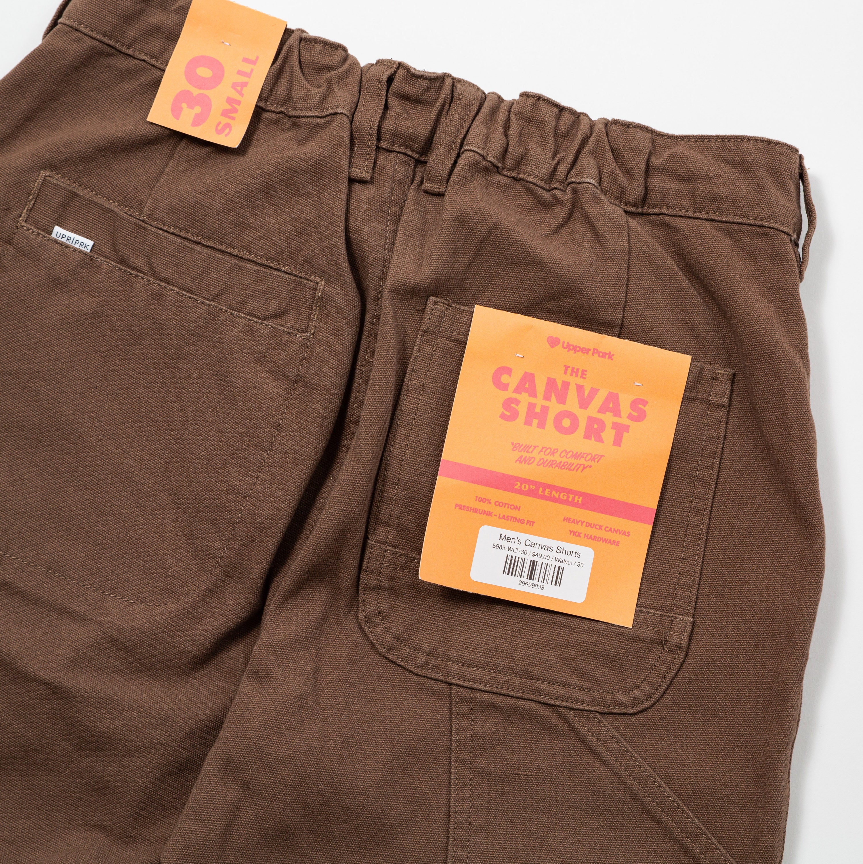 Men's Shorts Heavy Duck Canvas - Upper Park Clothing - Brown canvas shorts with a label on a white background