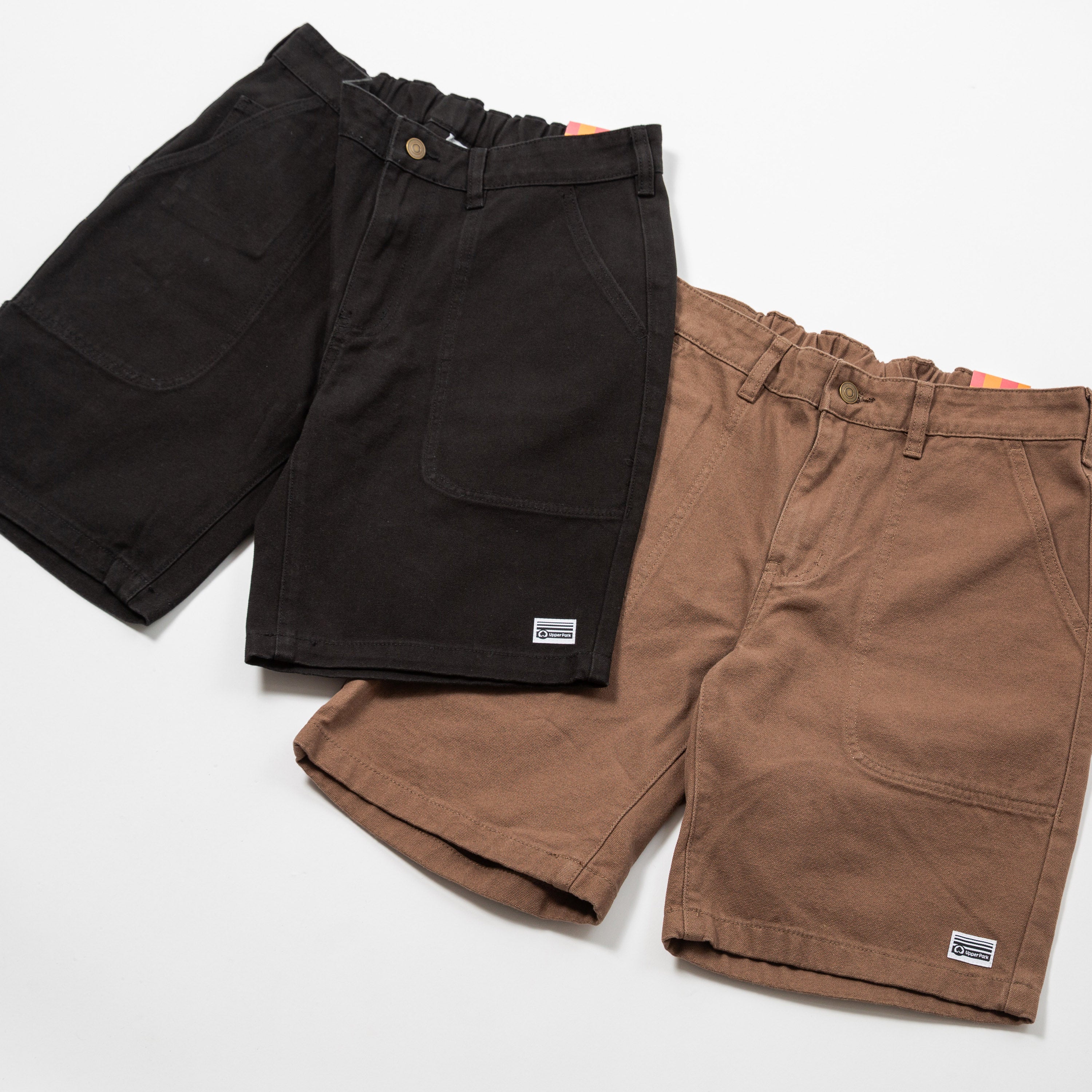 Men's Shorts Heavy Duck Canvas - Upper Park Clothing - Black and brown shorts on a white background