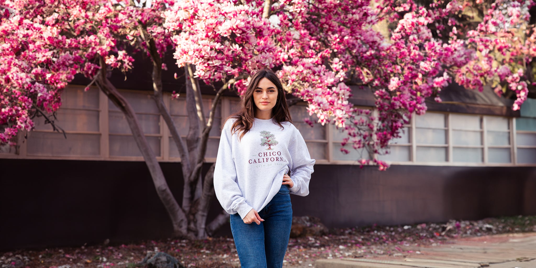 women standing in front of a blooming tree on California State University, Chico's campus wearing a Chico City of Trees Athletic Heather Crew neck sweater from Upper Park Clothing in Chico, California