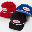 Three baseball caps in red, black, and blue with 'Upper Park' logo on a white background - Values Corduroy Rope Hat