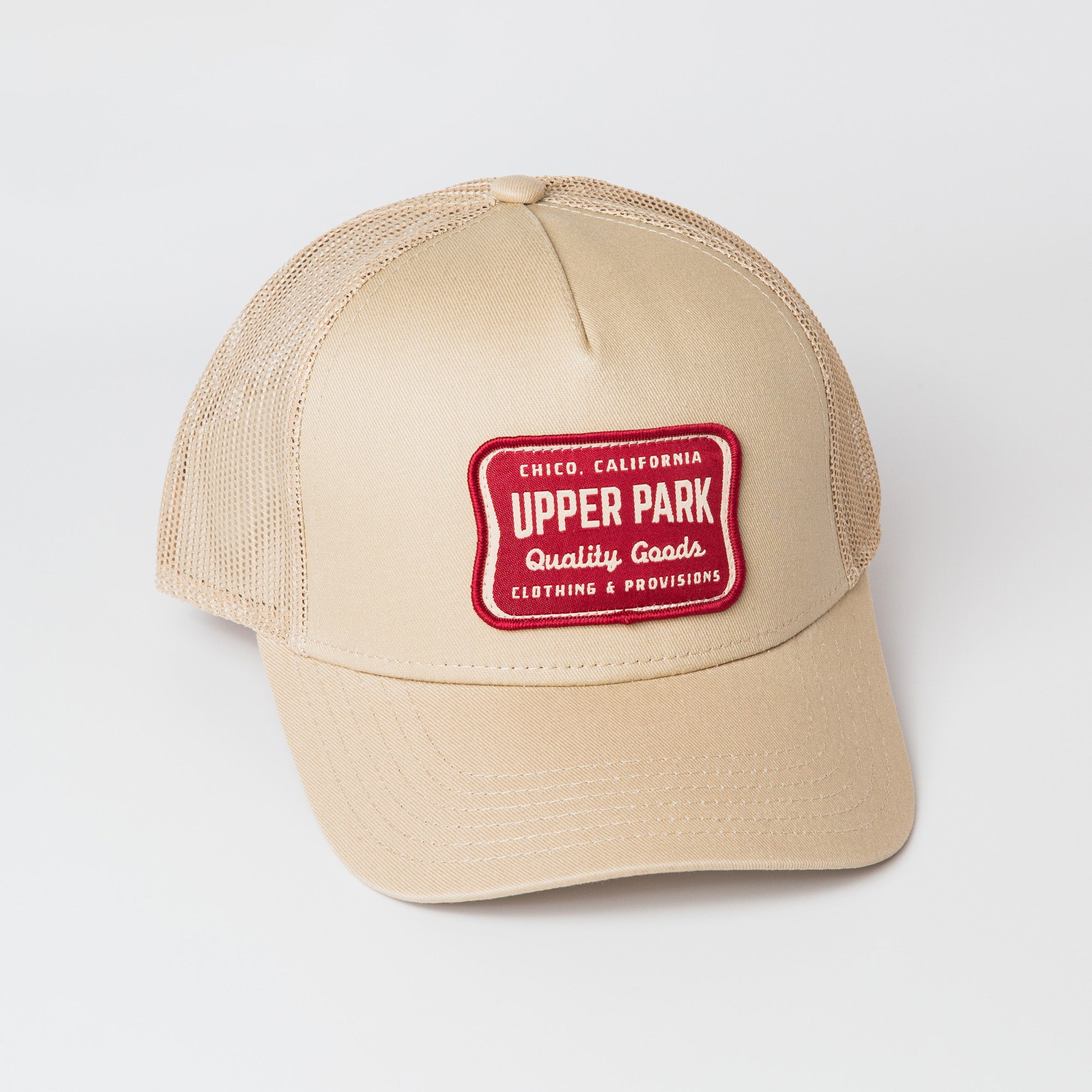 Truck Stop 5 Panel Trucker Hat - Khaki - Front Angle View - Upper Park Hat