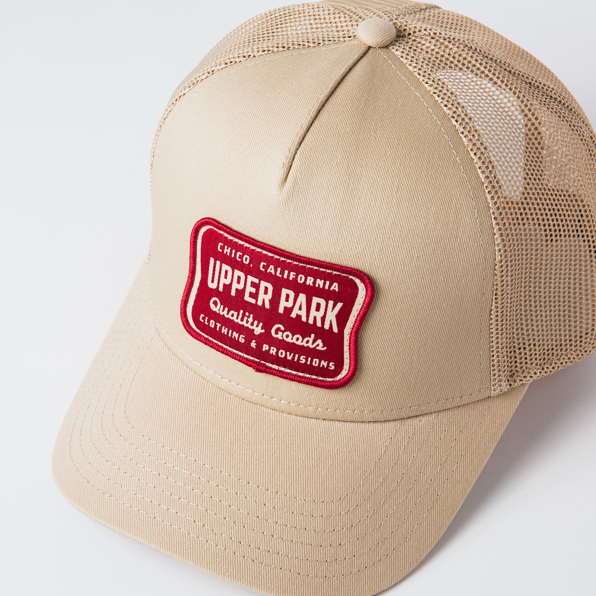 Truck Stop 5 Panel Trucker Hat - Khaki - Detail View - Upper Park Hat