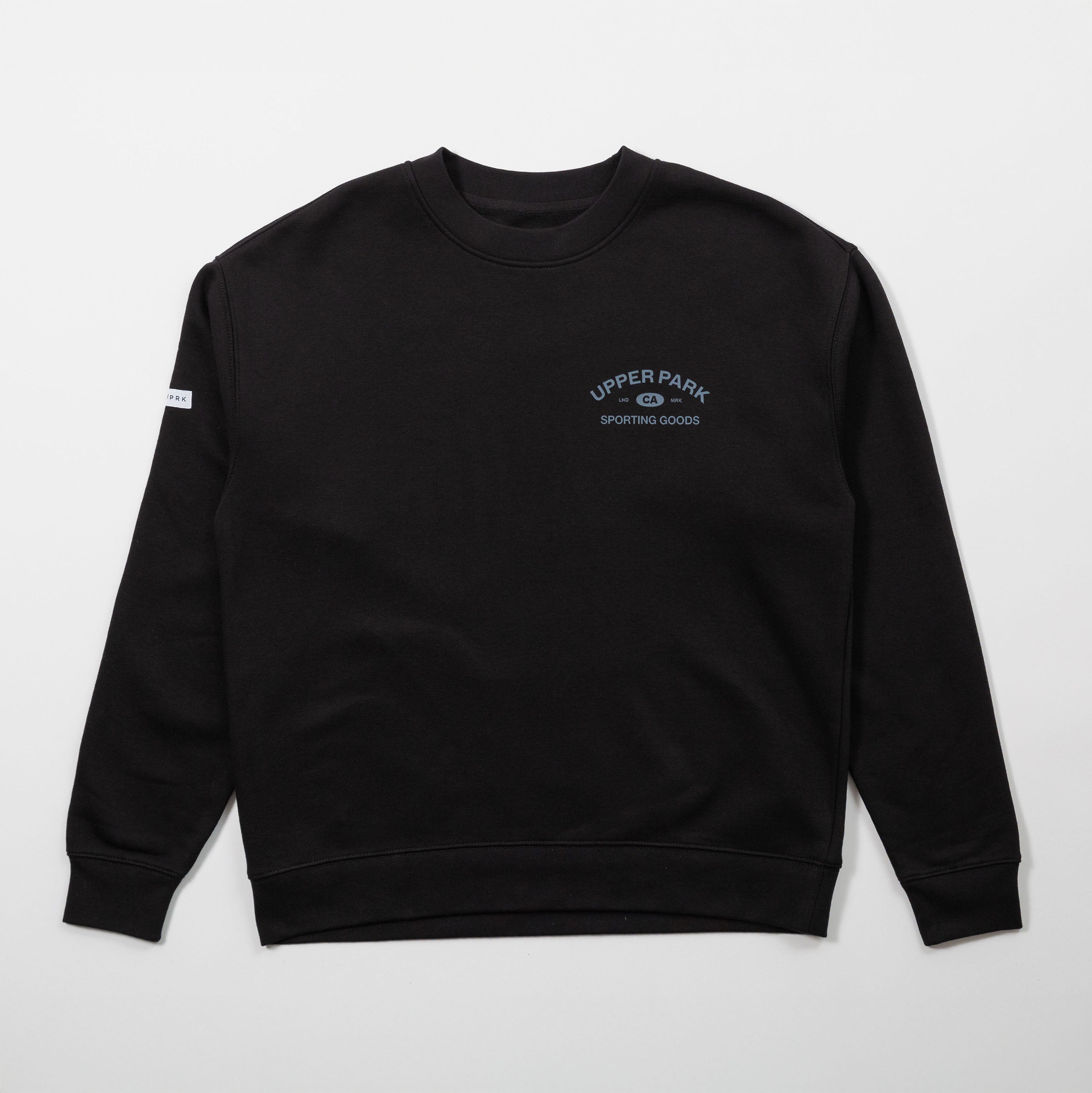 Black sweatshirt with a logo on the chest against a light gray background - Upper Park Athletics Sweater Set