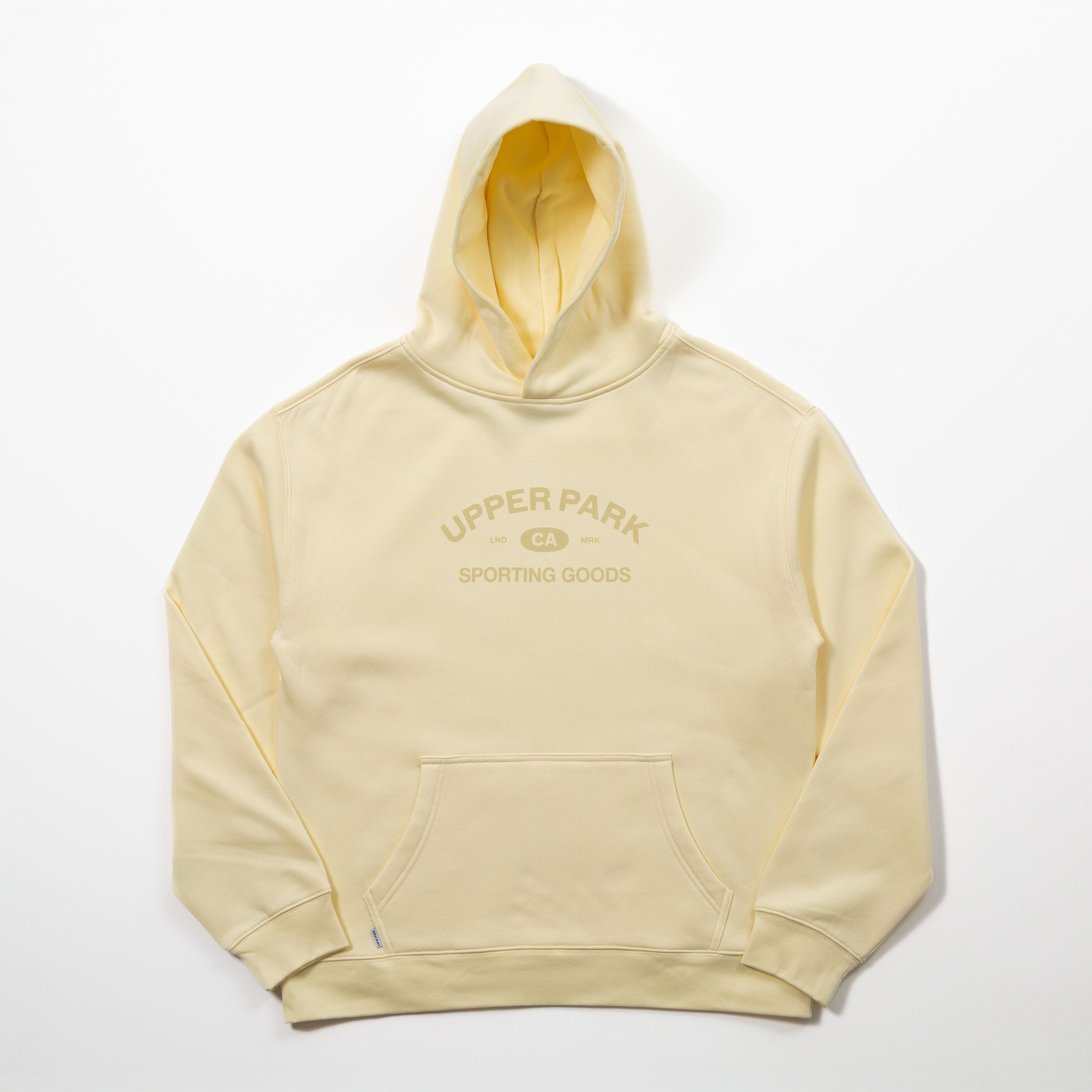Light yellow hoodie with 'Upper Park Sporting Goods' text on a white background- Upper Park Athletics Hoodie Set