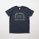 Navy blue t-shirt with 'Upper Park' logo on a light gray background - Alligator Hole Shirt Upper Park Clothing