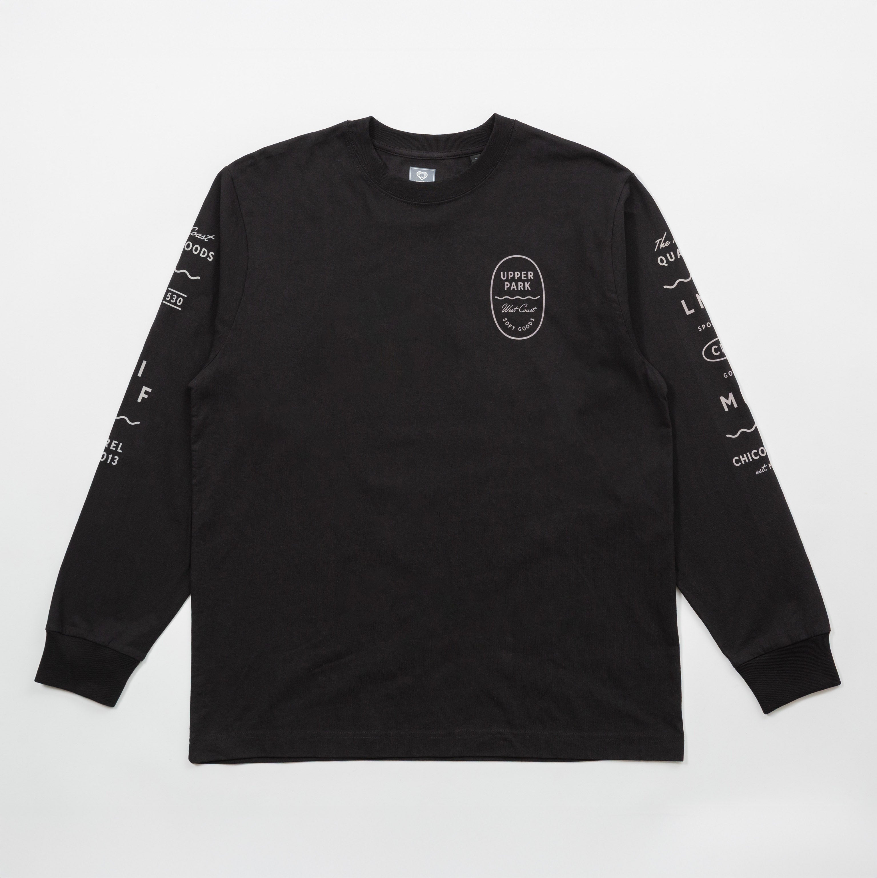Upper Park Bay Waves Organic Cotton Long Sleeve shirt - Black long-sleeve shirt with white text and logo on a white background