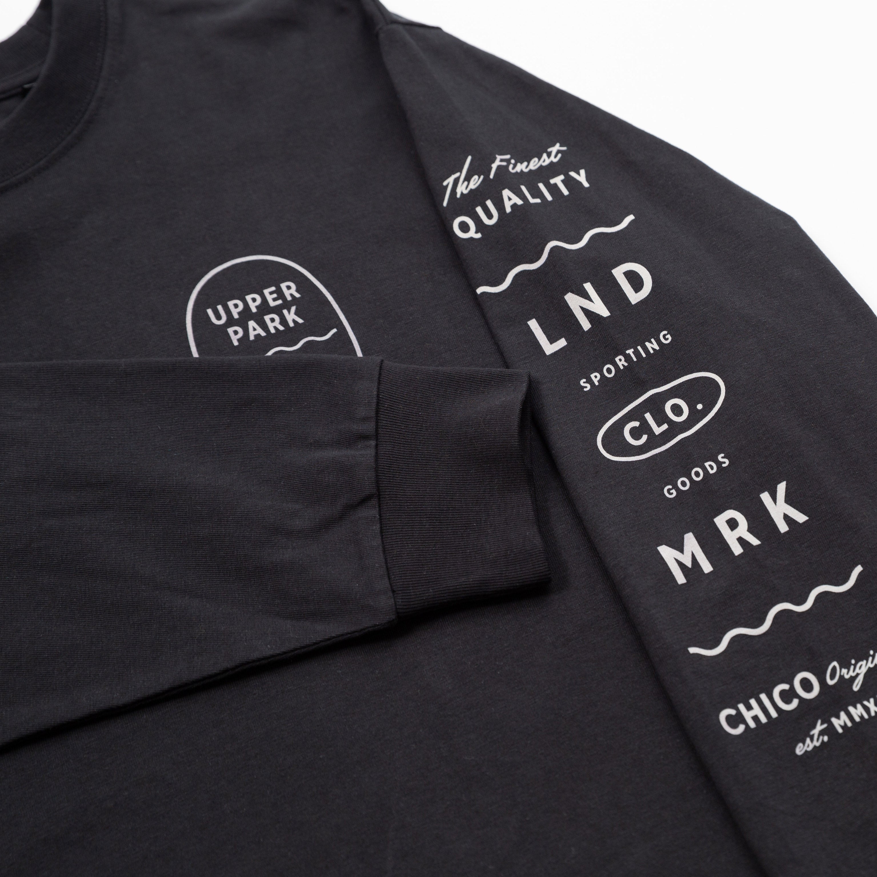 BUpper Park Bay Waves Organic Cotton Long Sleeve shirt - black long-sleeve shirt with white text and branding on a white background