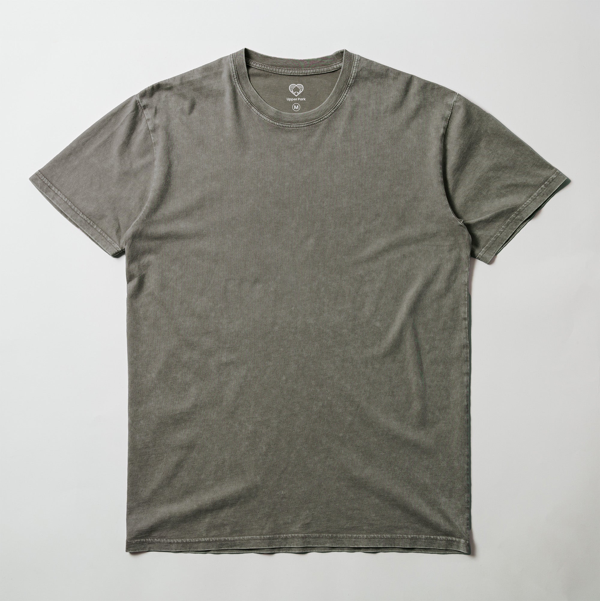 Upper Park Simple Stone Wash Tee - Basic men's shirt - mineral wash Moss green t-shirt on a light gray background