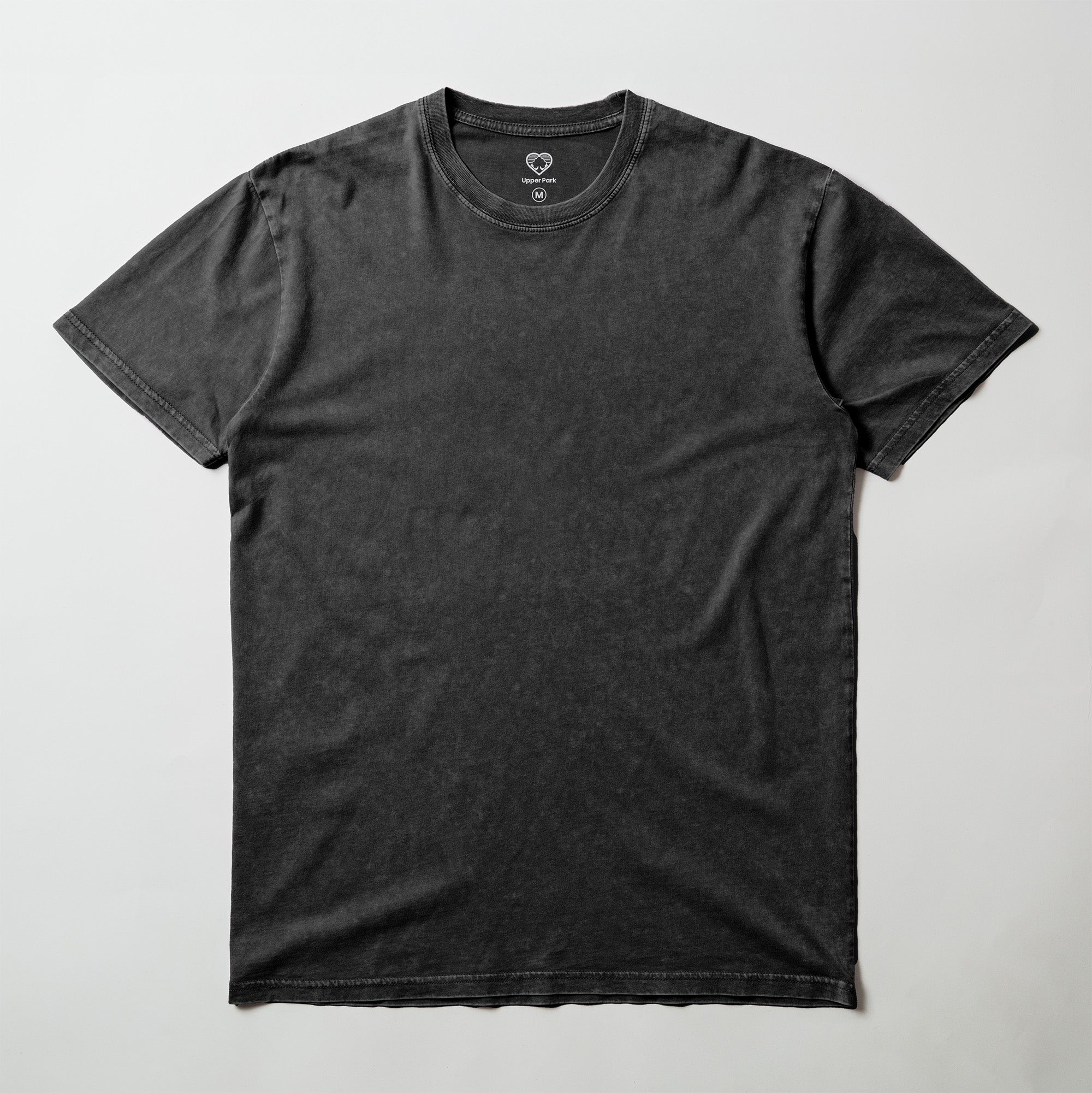 Upper Park Simple Stone Wash Tee - Basic men's shirt - mineral wash Black t-shirt on a light gray background