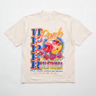 Upper Park Varsity Rose Football Tee -Beige t-shirt with colorful graphic design on a white background