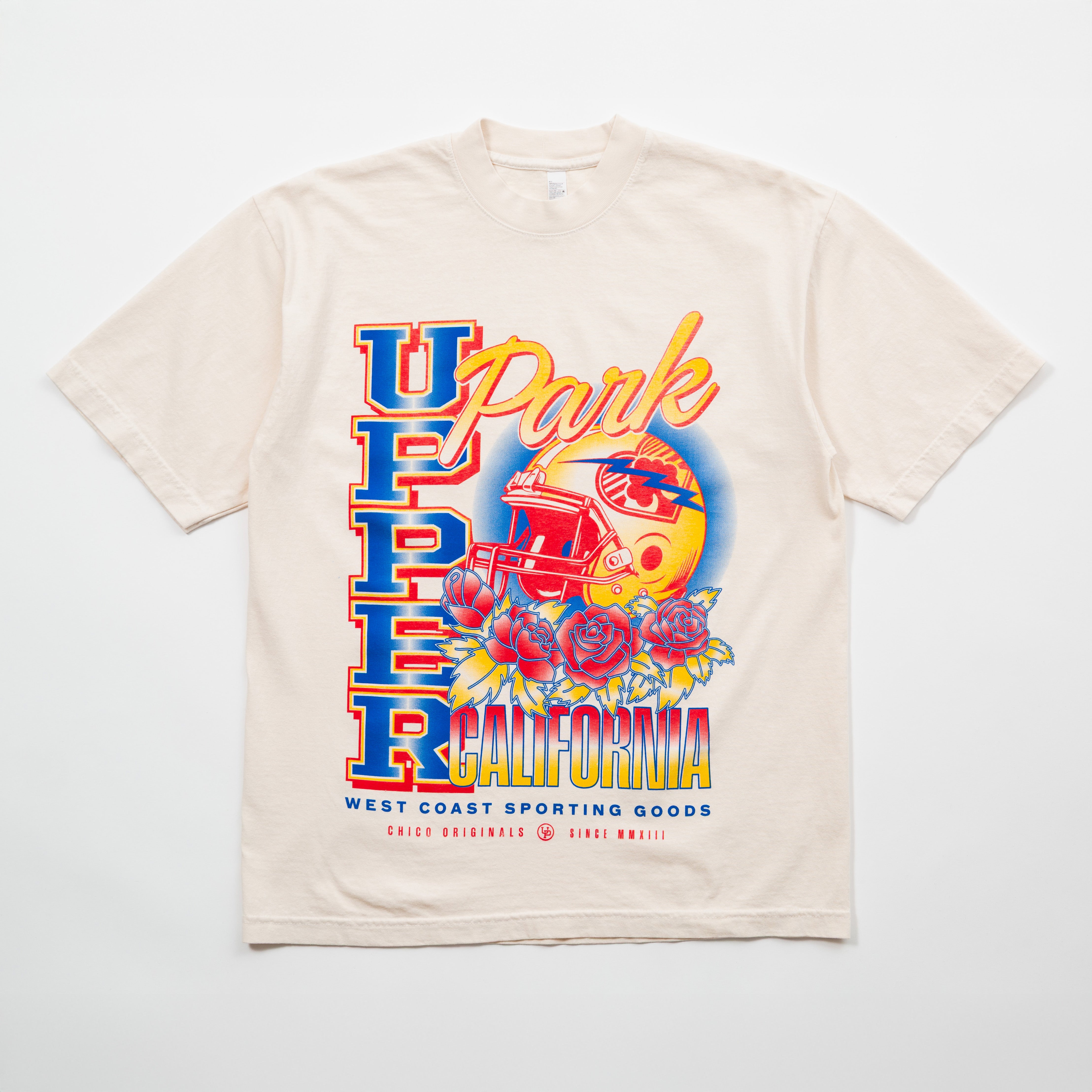 Upper Park Varsity Rose Football Tee -Beige t-shirt with colorful graphic design on a white background