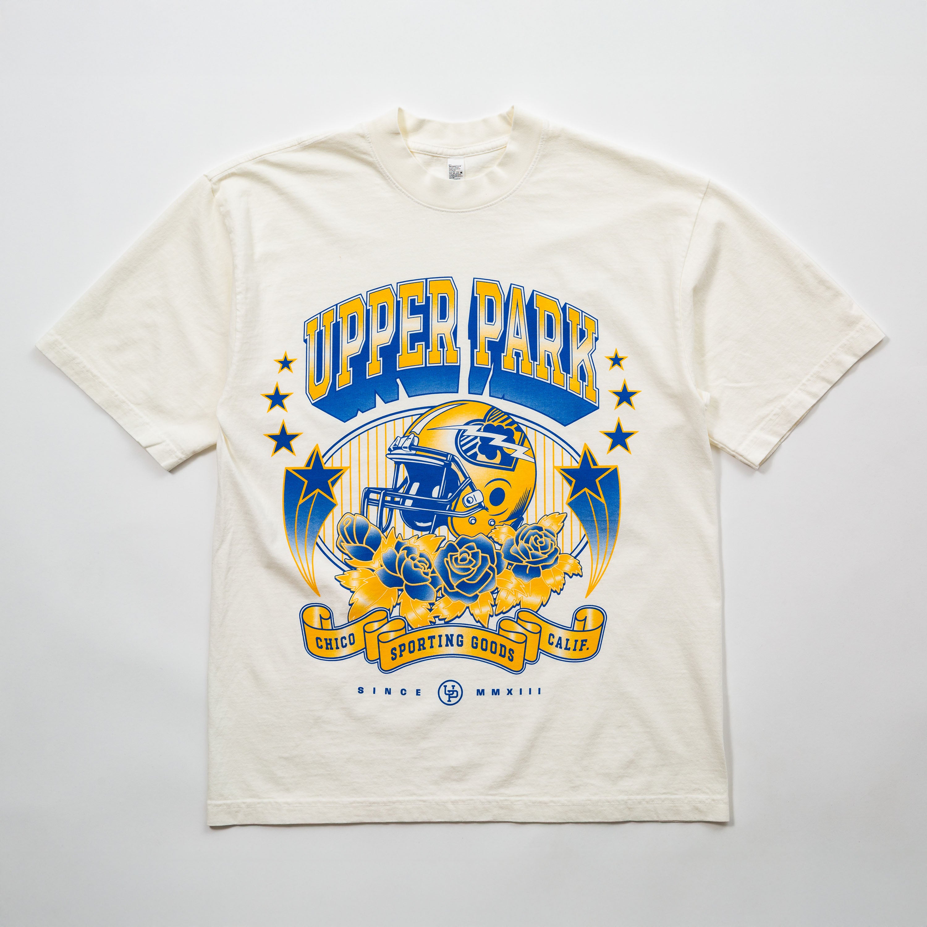Upper Park Golden Varsity Shirt - Oversized Print Football Tee - White t-shirt with blue and yellow graphic design on a white background