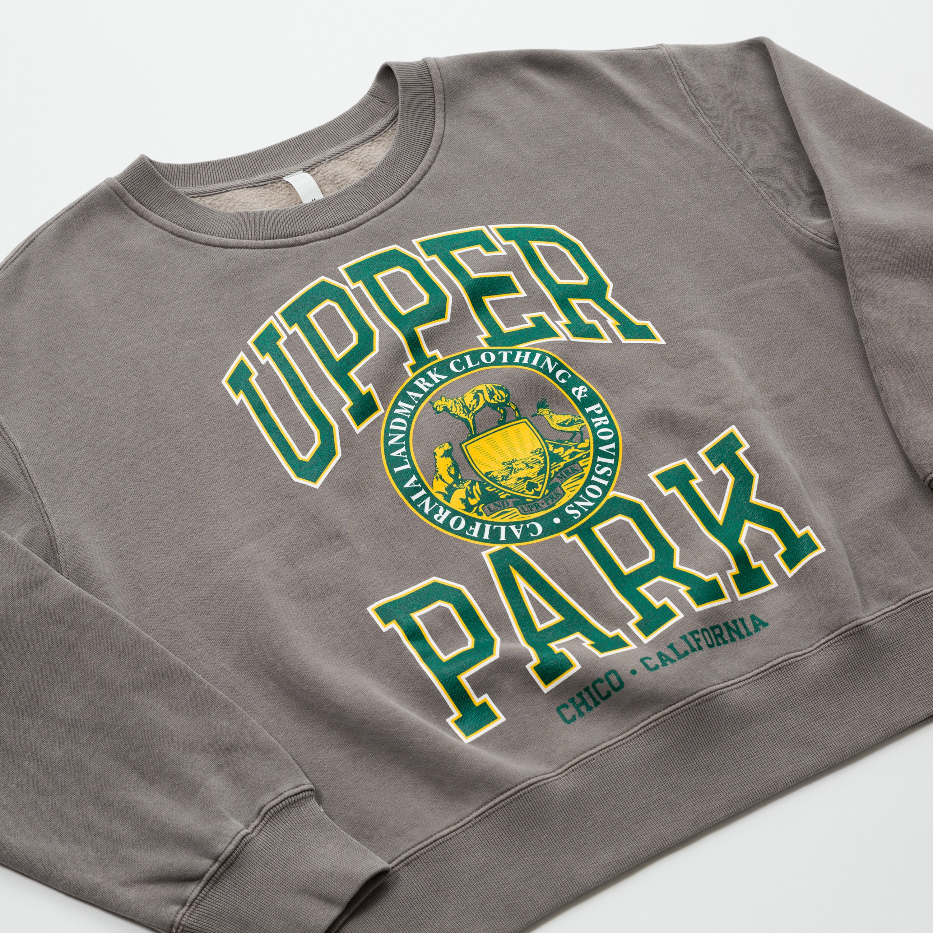 Women's Campus Crew Sweatshirt - Gray sweatshirt with 'Upper Park' text and logo on a white background