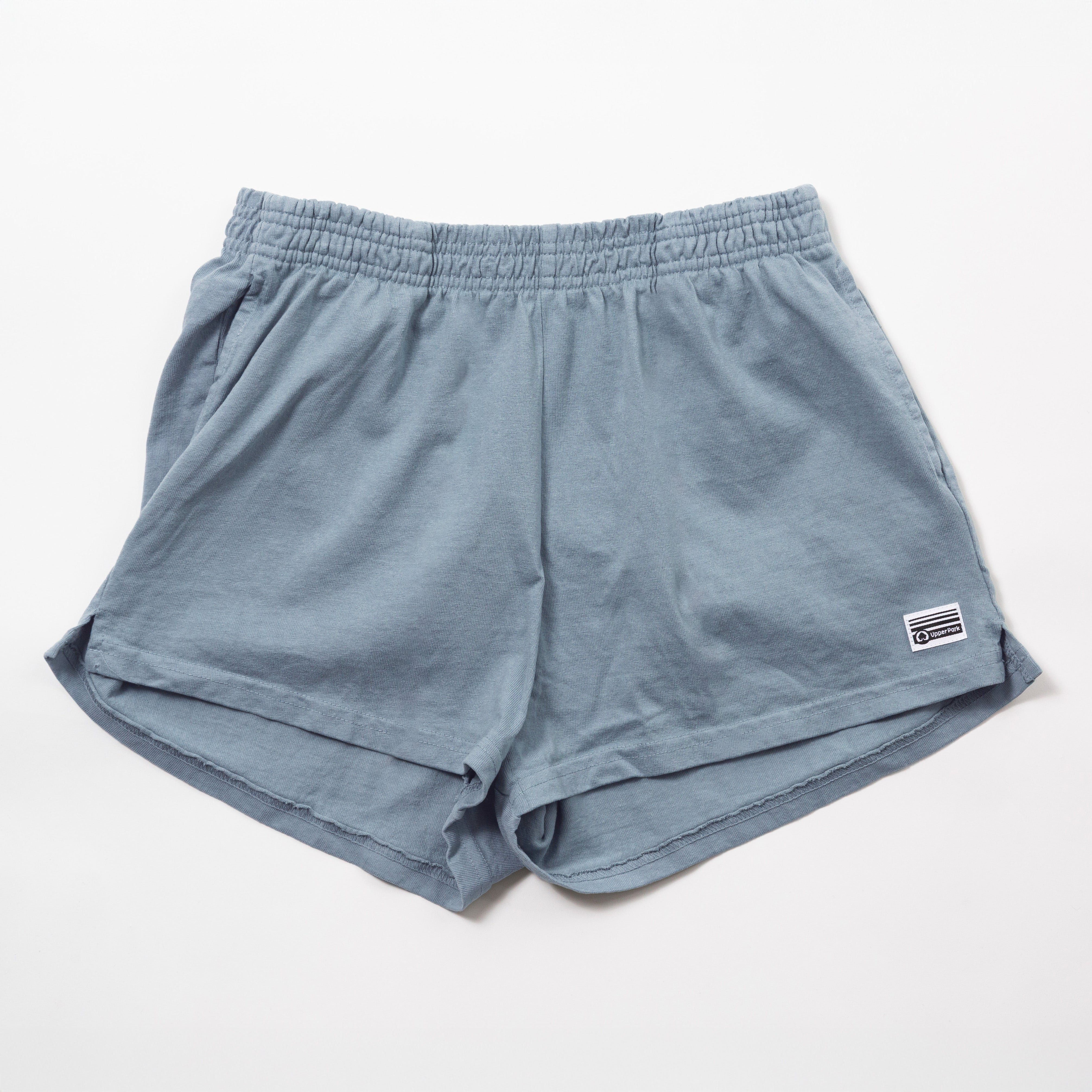 Women's Garment Dyed Heavy Jersey Shorts - 100% Cotton - Blue shorts with a brand logo on a white background