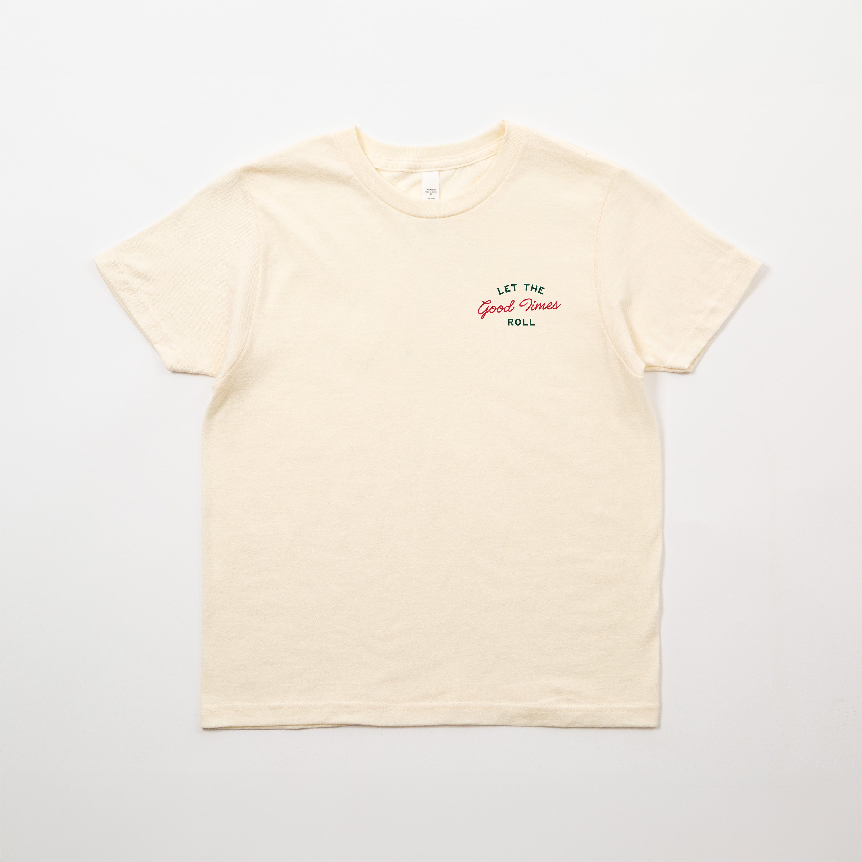 Beige t-shirt with text on a light gray background- Upper Park Good Times Youth Tee