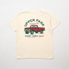 Beige t-shirt with red truck graphic and text on a white background - Upper Park Good Times Youth Tee