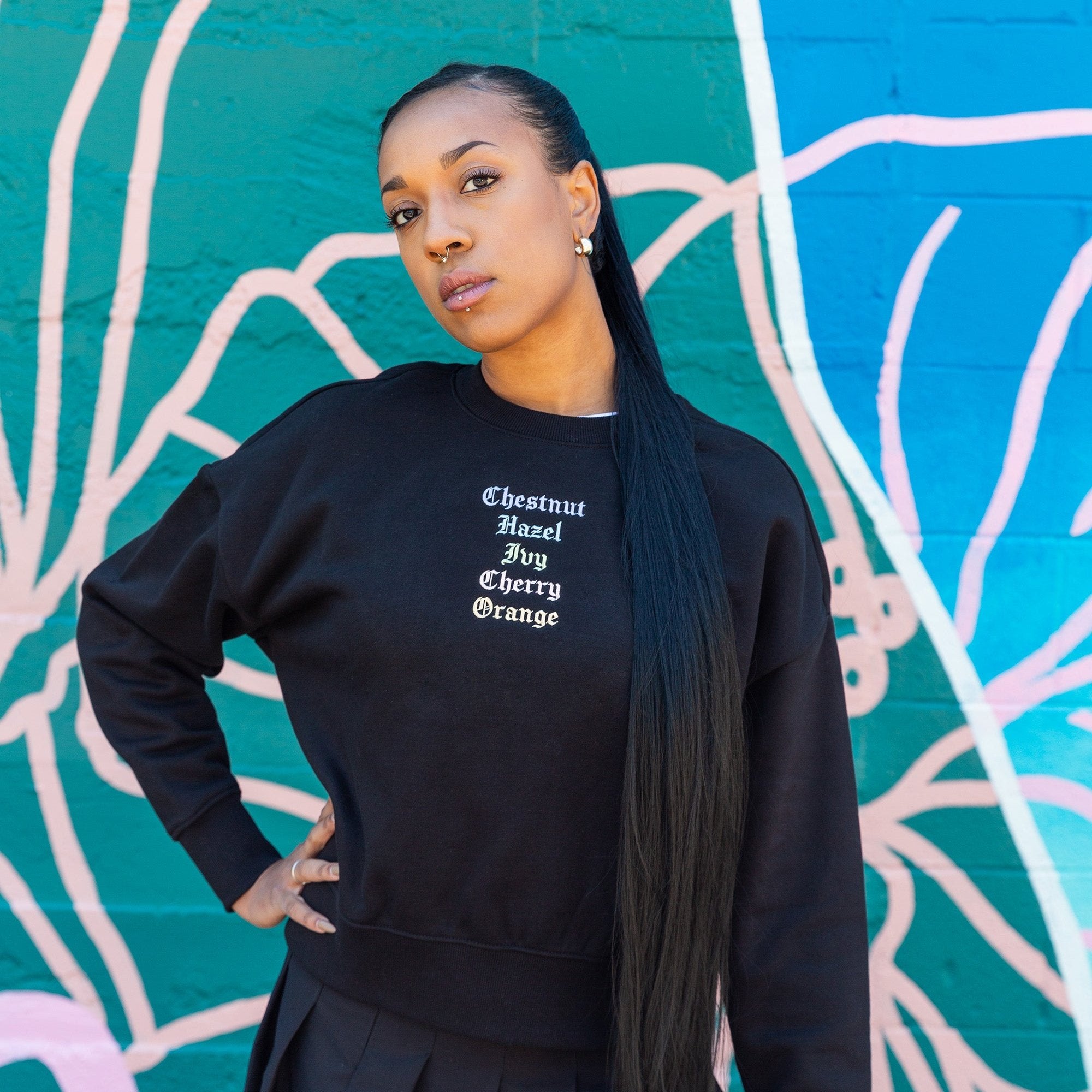 Woman wearing Embroidered Streets Women's Heavy Crew from Upper Park Clothing in Chico, CA