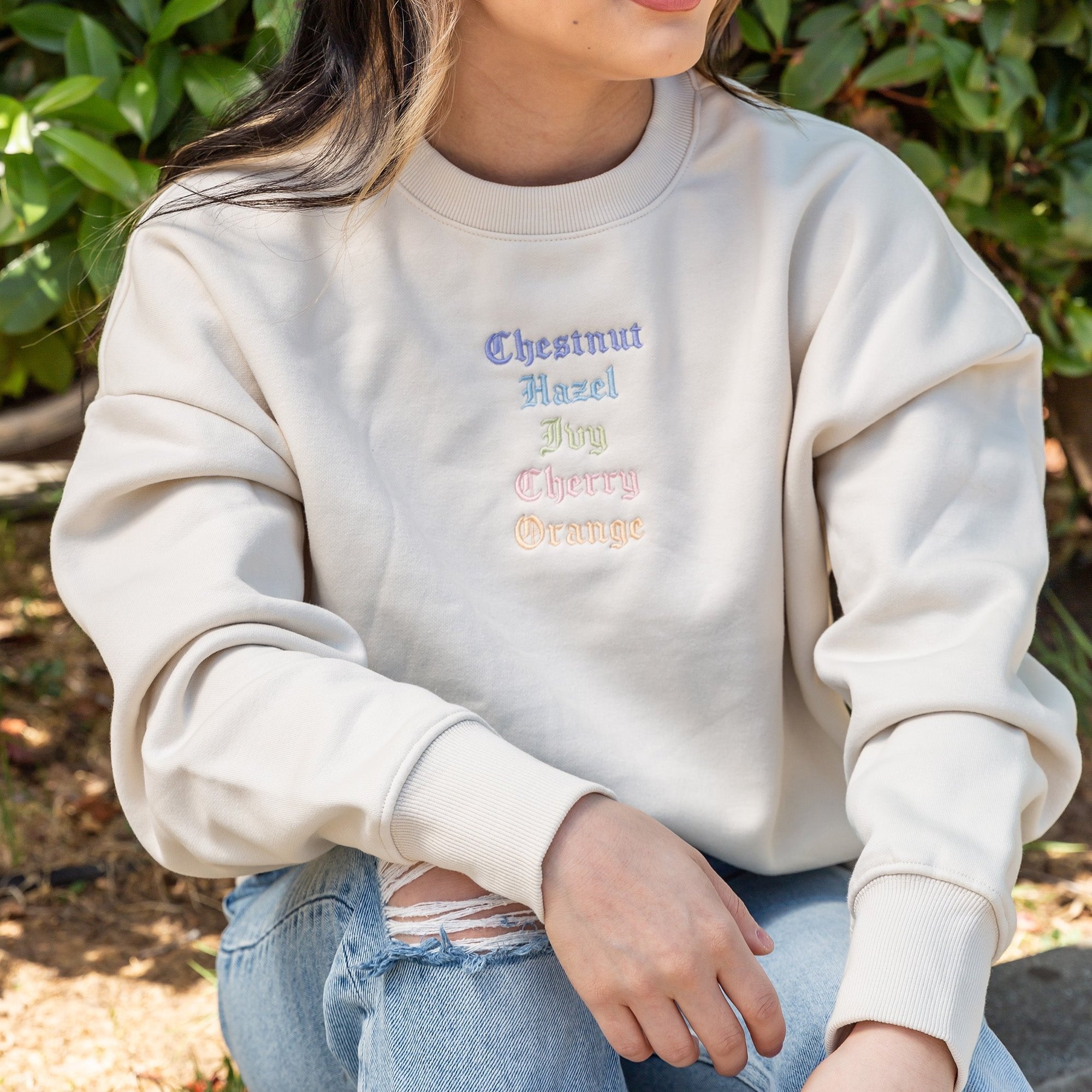 Woman wearing Embroidered Streets Women's Heavy Crew from Upper Park Clothing in Chico, CA