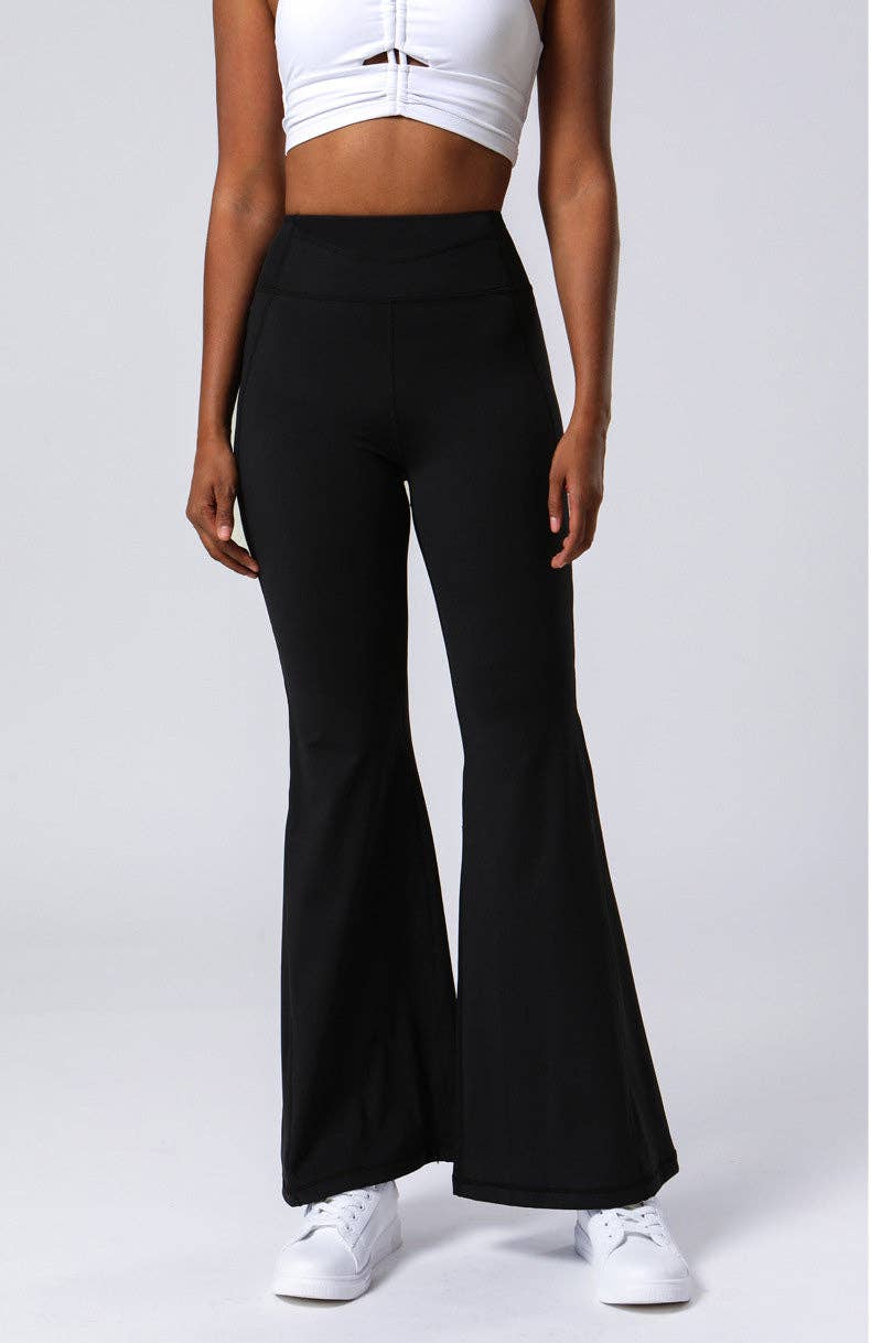 Active by Anna-Kaci - High Waist Flare Pants with Stitching: Black