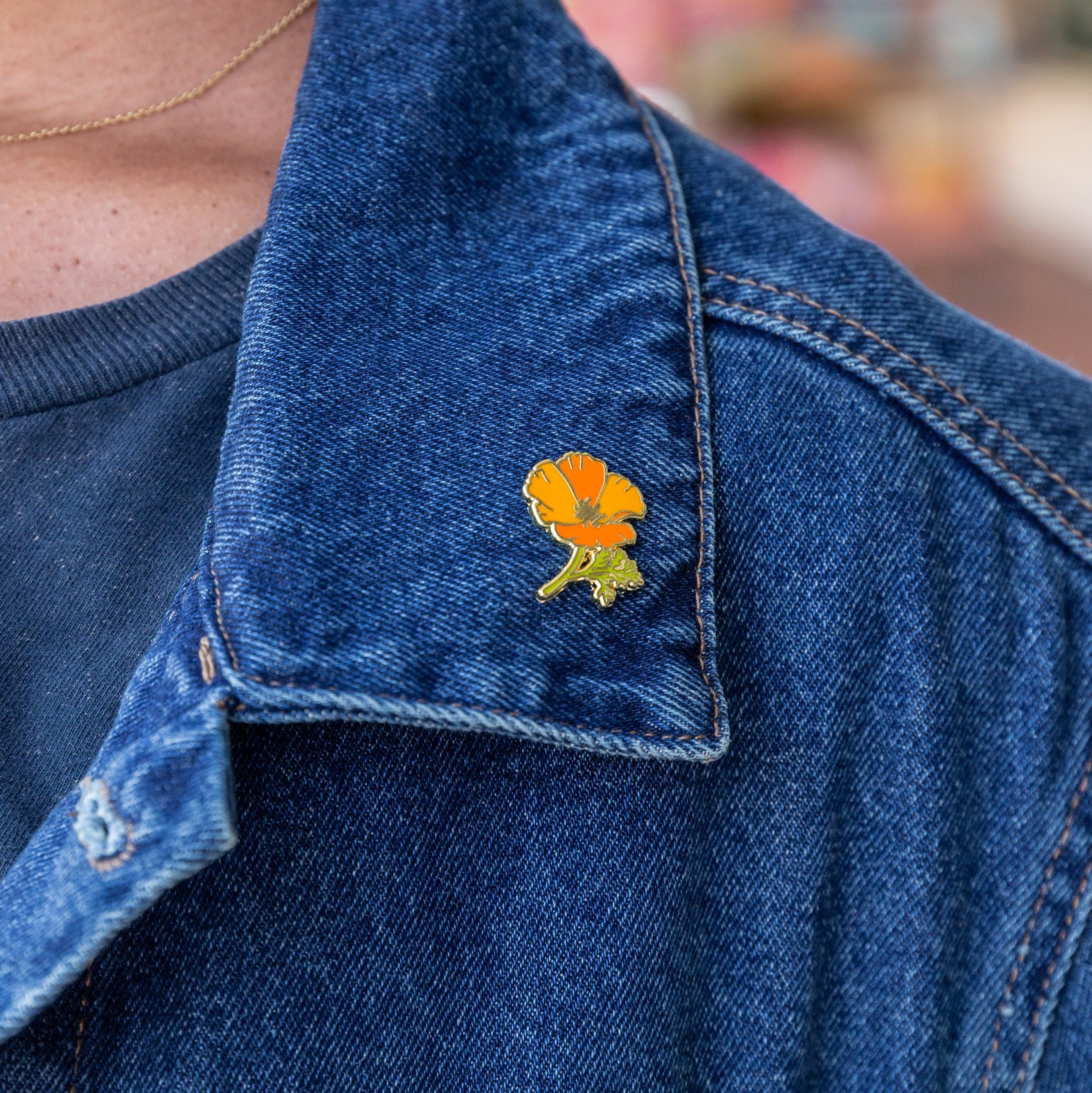 California Poppy Flower Enamel Pin on jacket - Upper Park Clothing - Chico, Ca