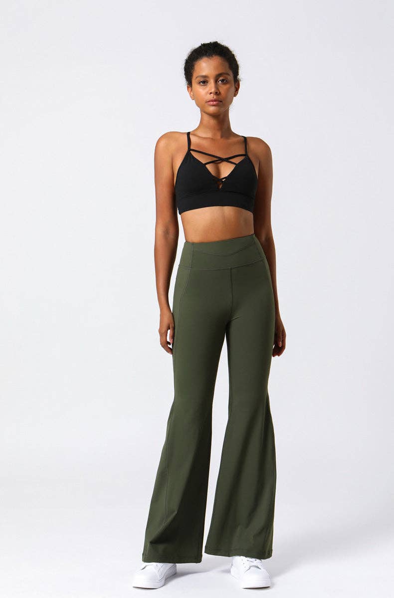Active by Anna-Kaci - High Waist Flare Pants with Stitching: Army Green / Large 8-10